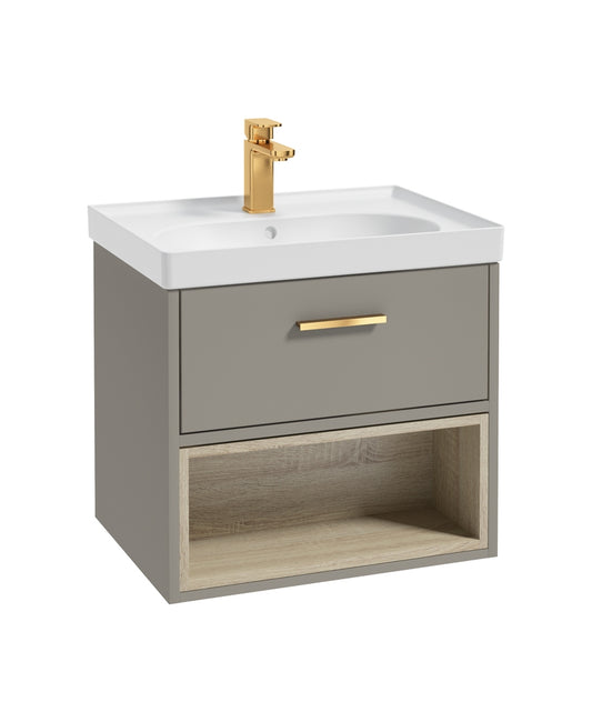 Malmo 60cm Single Drawer, Open Shelf Unit, Khaki, Brushed Gold Handle, Matt Basin