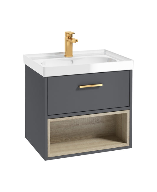 Malmo 60cm Single Drawer, Open Shelf Unit, Midnight Grey, Brushed Gold Handle, Gloss Basin