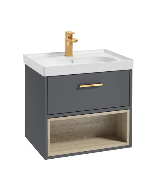 Malmo 60cm Single Drawer, Open Shelf Unit, Midnight Grey, Brushed Gold Handle, Matt Basin