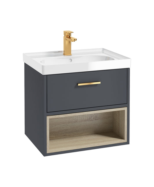 Malmo 60cm Single Drawer, Open Shelf Unit, Matt Night Sky Blue, Brushed Gold Handle, Gloss Basin