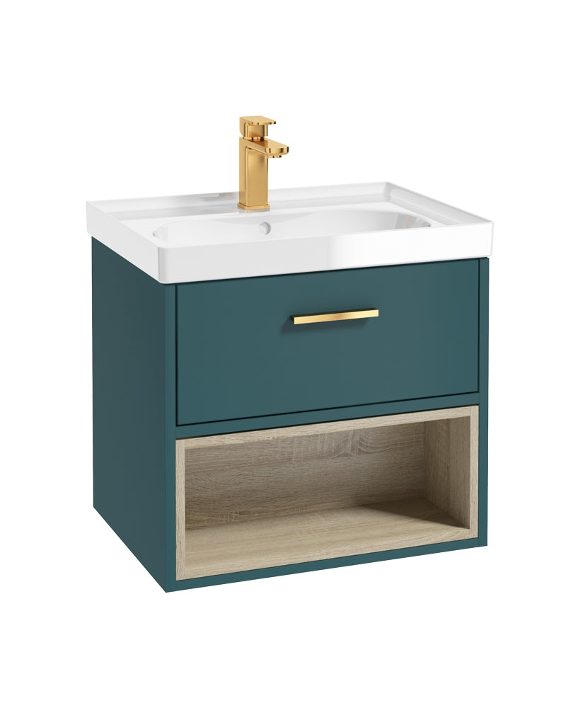 Malmo 60cm Single Drawer, Open Shelf Unit, Ocean Blue, Brushed Gold Handle, Gloss Basin