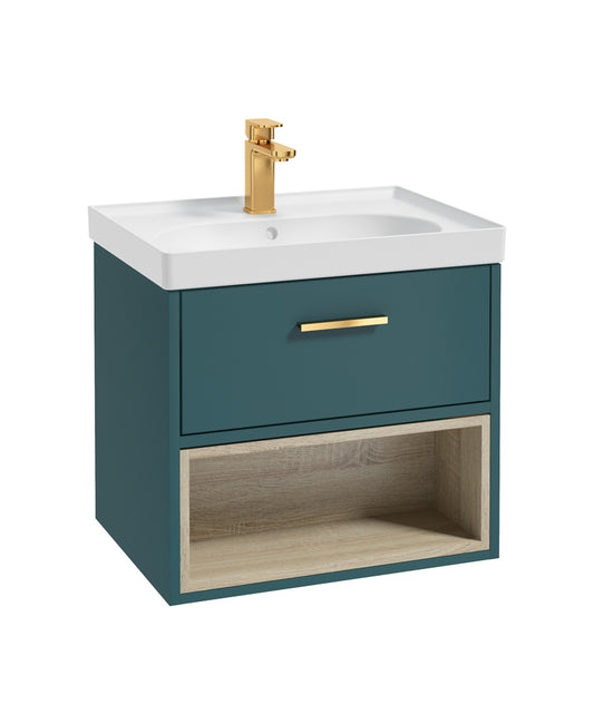 Malmo 60cm Single Drawer, Open Shelf Unit, Ocean Blue, Brushed Gold Handle, Matt Basin