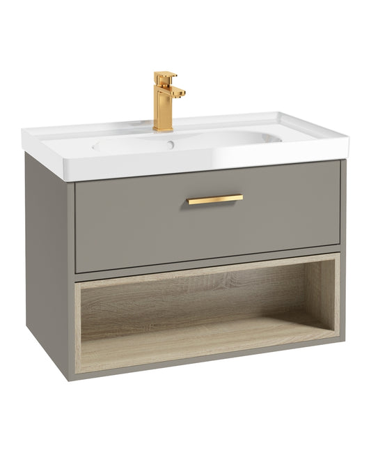 Malmo 80cm Single Drawer, Open Shelf Unit, Khaki, Brushed Gold Handle, Gloss Basin