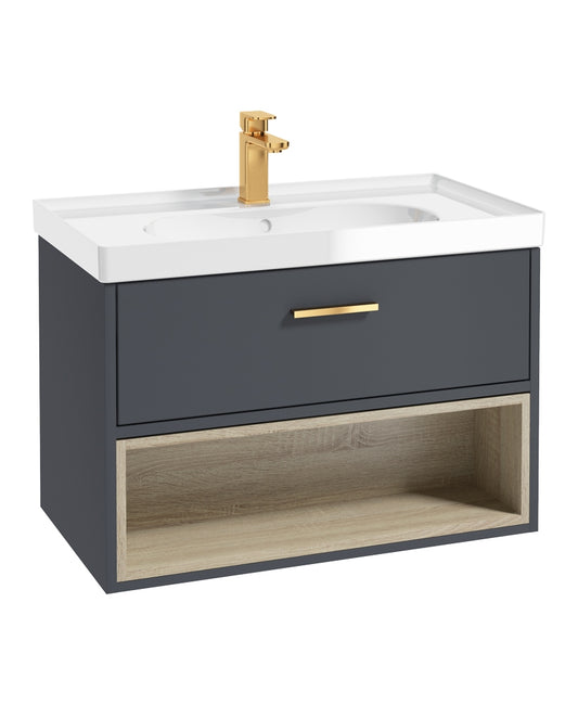Malmo 80cm Single Drawer, Open Shelf Unit, Matt Night Sky Blue, Brushed Gold Handle, Gloss Basin