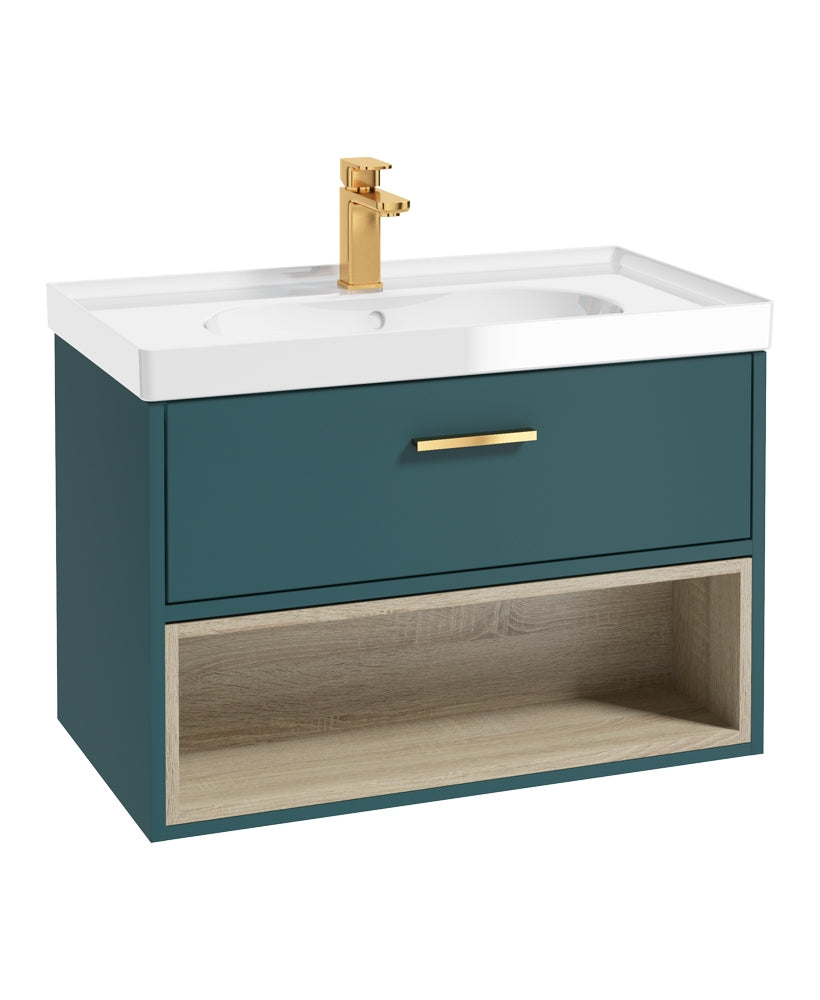 Malmo 80cm Single Drawer, Open Shelf Unit, Ocean Blue, Brushed Gold Handle, Gloss Basin