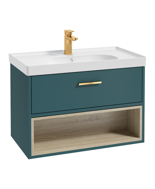 Malmo 80cm Single Drawer, Open Shelf Unit, Ocean Blue, Brushed Gold Handle, Matt Basin