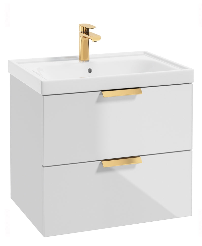 Stockholm Gloss White 60cm Wall Hung Vanity Unit - Brushed Gold Handle