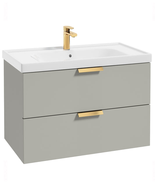 Stockholm Arctic Grey Matt 80cm Wall Hung Vanity Unit - Brushed Gold Handle