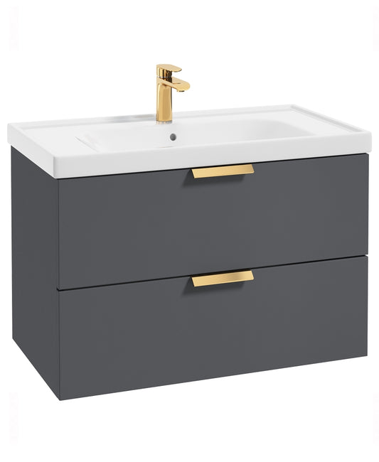 Stockholm Midnight Grey Matt 80cm Wall Hung Vanity Unit - Brushed Gold Handle