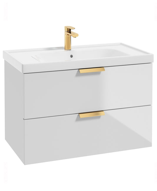 Stockholm Gloss White 80cm Wall Hung Vanity Unit - Brushed Gold Handle