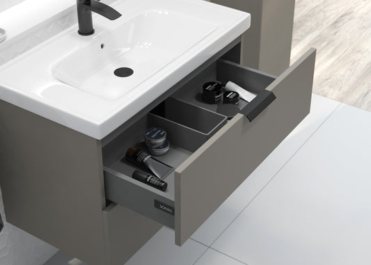 Stockholm Khaki Matt 80cm Wall Hung Vanity Unit - Matt Black Handle