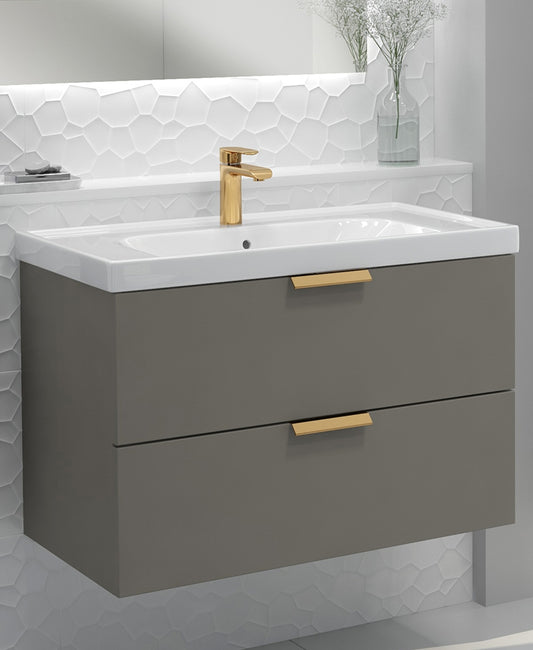 Stockholm Khaki Matt 80cm Wall Hung Vanity Unit - Brushed Gold Handle